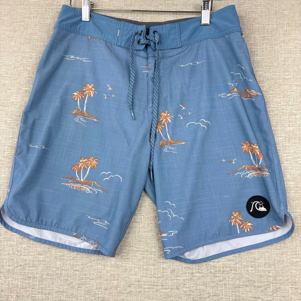 Quiksilver Highline Mens 30 Blue Tropical Palm Tree Volcano Board Shorts Swim